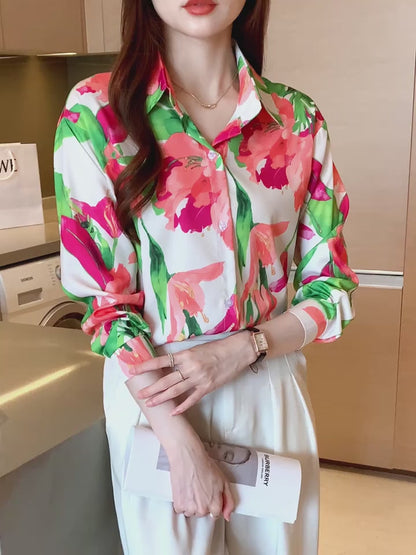 Floral Print Polo Collar Shirt, Casual Long Sleeve