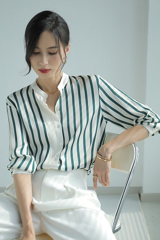 Emerald Stripe Mandarin Collar Shirt