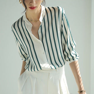 Emerald Stripe Mandarin Collar Shirt